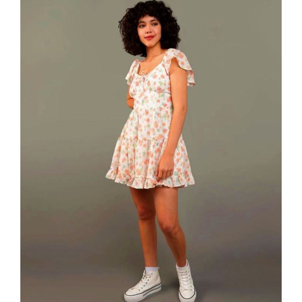 NEW American Eagle AE Dress M Flutter Sleeve Floral Babydoll Mini tiered peasant - Picture 2 of 8